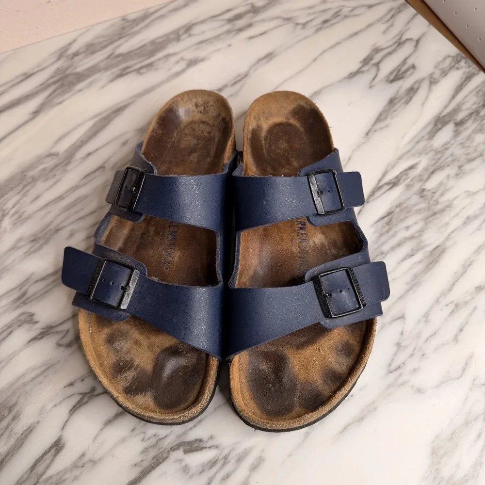 Birkenstock Arizona Navy Blue Leather 2 Strap Sandals Slides EU Sz 47 US Mens 14